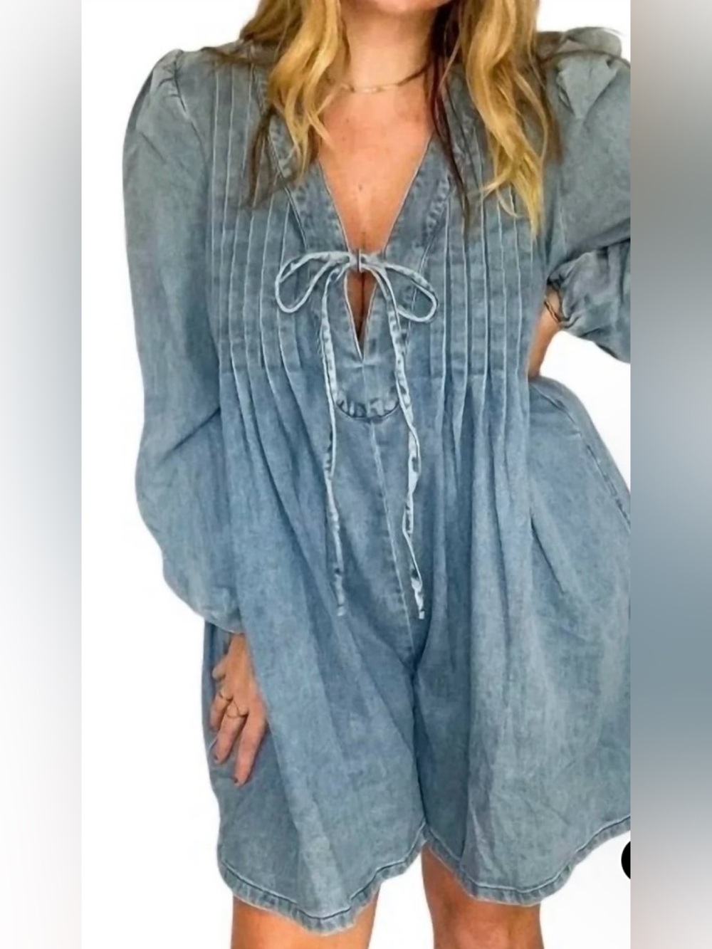 La Lavon Light Wash Denim Romper with Tie Front